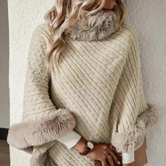 Apricot Casual Women's Turtleneck Fuzzy Trim Batwing Sleeve Poncho Sweater - Picture 2 of 7